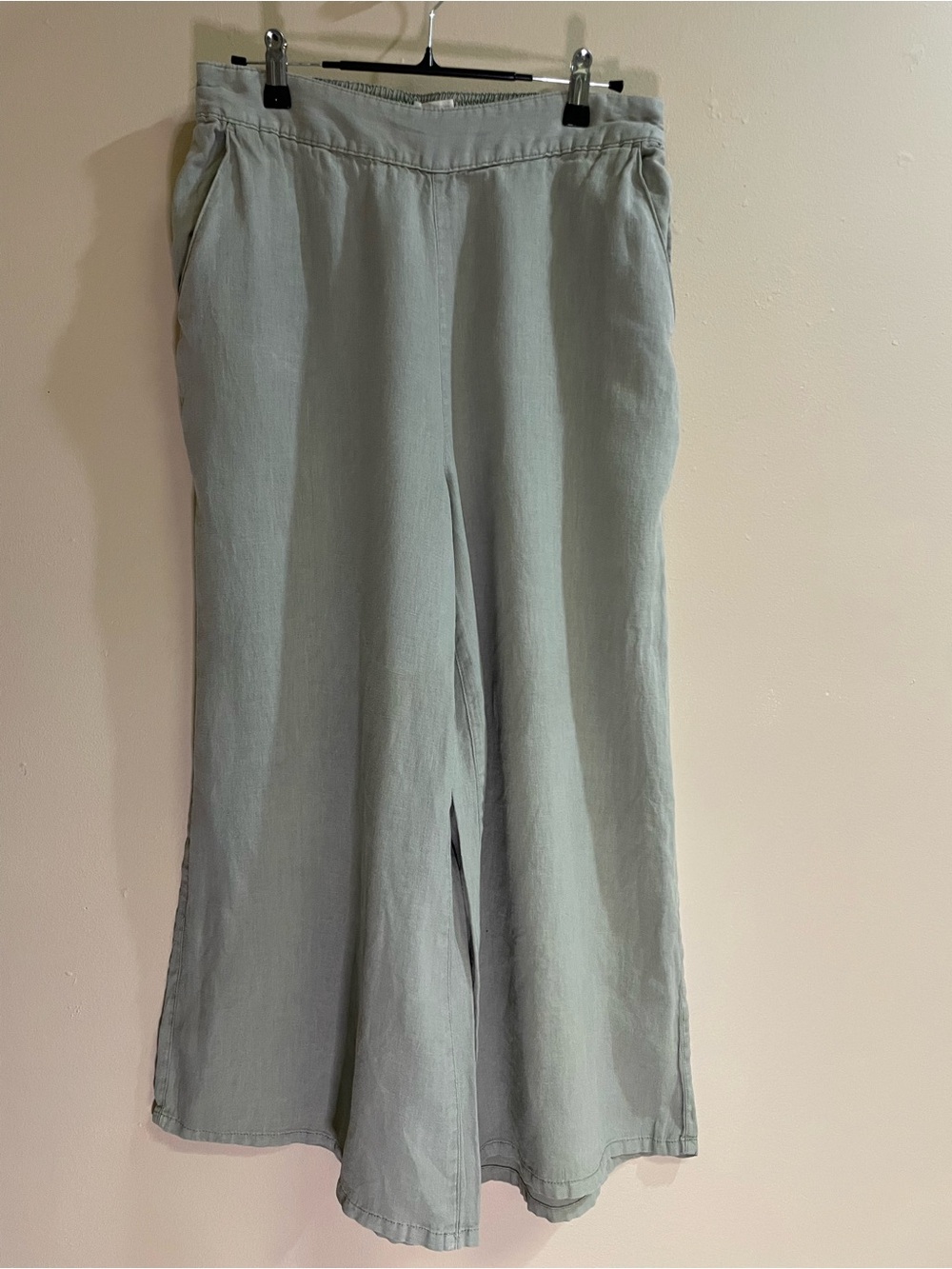 Nicole Miller New York 100% Linen Wide Leg Pants Size M Sage Green Elastic Waist